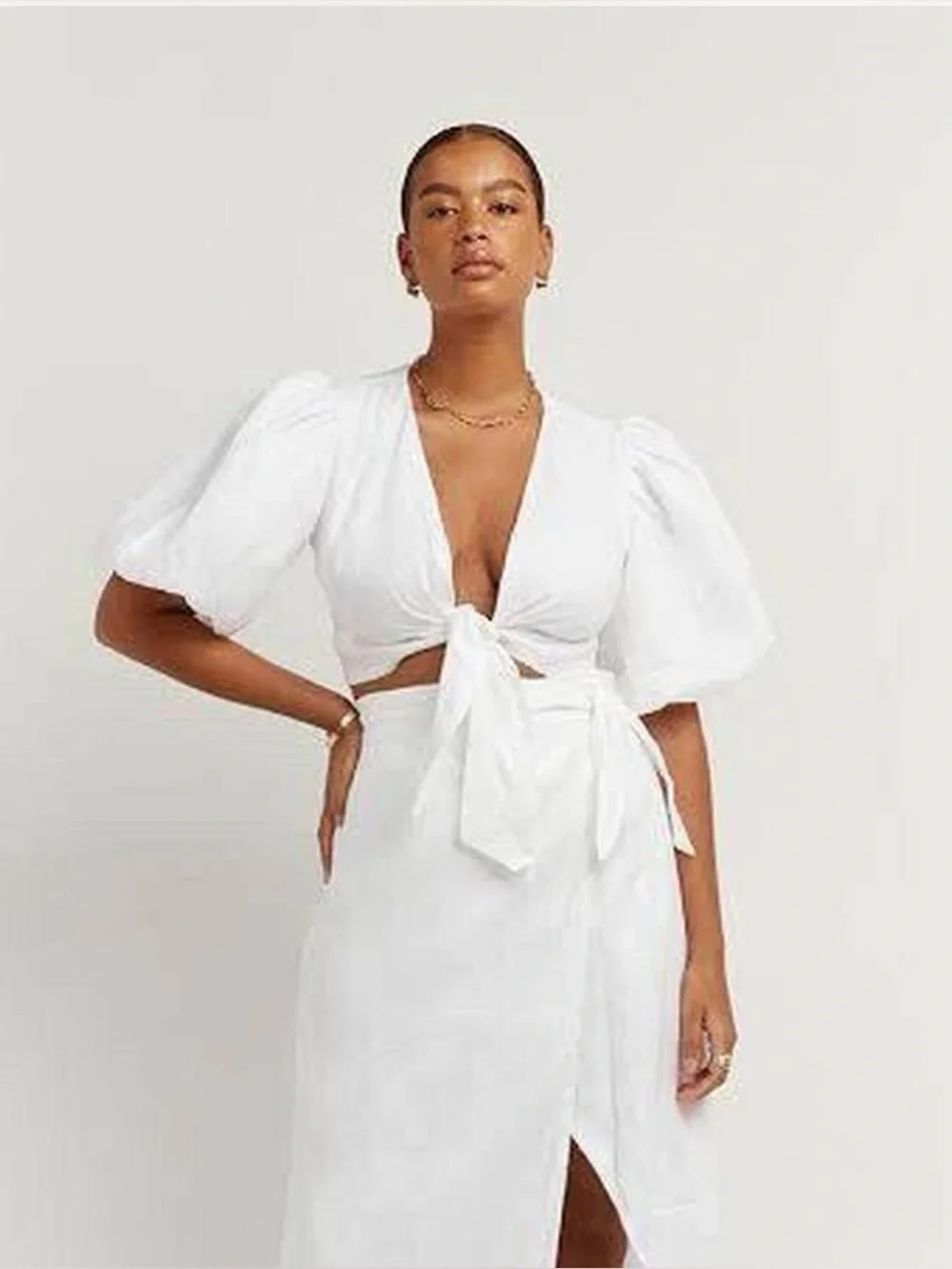 Dissh - Linen Tie-Front Puff Sleeve Crop Top - White